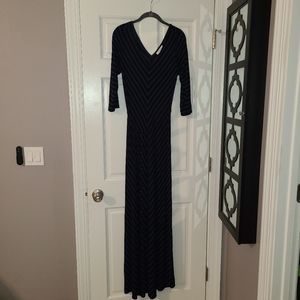 🖤💜 Motherhood Maternity Maxi Dress Medium Black Purple Striped 3/4 Sleeve Tie